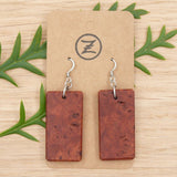 Handmade Wooden Australian Earrings Melbourne Dark Red Sugar Gum Rectangle Wood