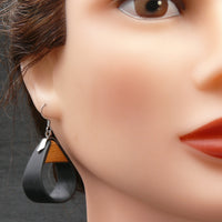 Model wearing organic Natural Bentwood Dangle and drop Teardrops -Australian native Wooden earrings-Australia-hypoallergenic