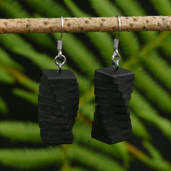 Black Funky Retro Licorice Allsorts Wooden Natural Earrings - Handmade in Melbourne-Hypoallergenic