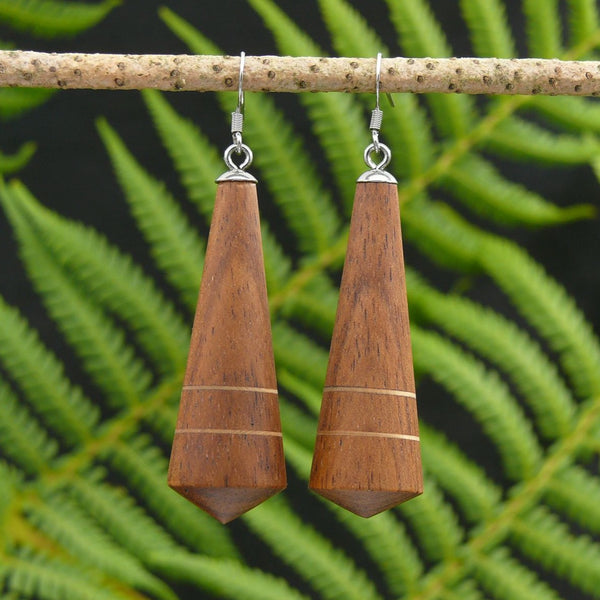 Art Deco - Natural Cone Earrings - Australian Red Cedar and Huon Pine stripe-native Wooden earrings-made in Melbourne Australia-hypoallergenic