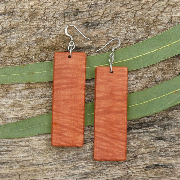 Rectangle Wooden Earrings - Fiddleback Eucalyptus Red Gum, Victoria