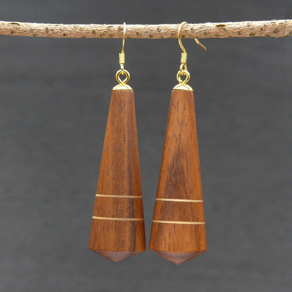 Art Deco - Natural Cone Earrings - Tasmanian Blackwood and Huon Pine stripe-native Wooden earrings-made in Melbourne Australia-hypoallergenic