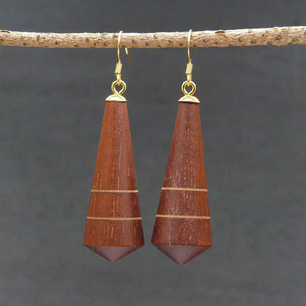 Art Deco - Natural Cone Earrings - Australian Red Cedar and Huon Pine stripe-native Wooden earrings-made in Melbourne Australia-Gold - hypoallergenic