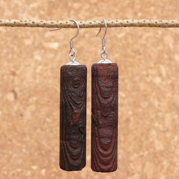 Natural Wood- Round Long Cylinder Rusty Radiata Wooden earrings-made in Melbourne-Australia-hypoallergenic