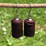 Natural Wood- Round Long Cylinder Rusty Radiata Wooden earrings-made in Melbourne-Australia-hypoallergenic