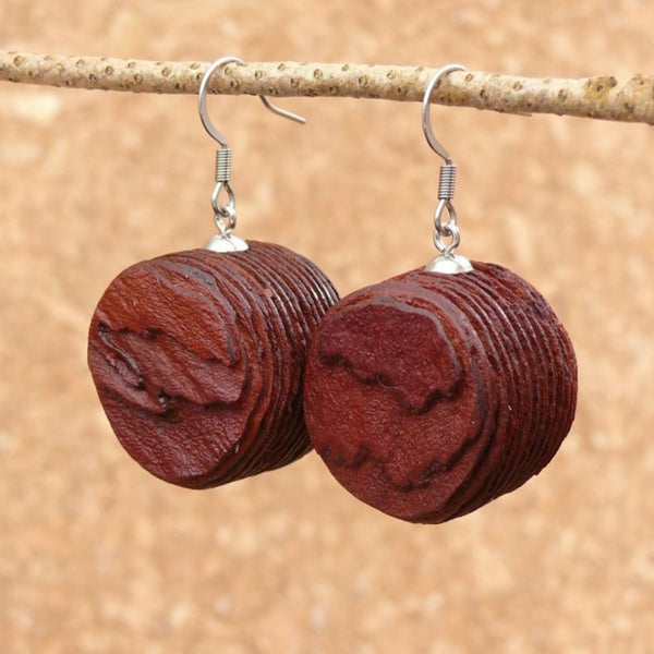 Natural Wood- Round Barrel Rusty Radiata Wooden earrings-made in Melbourne-Australia-hypoallergenic