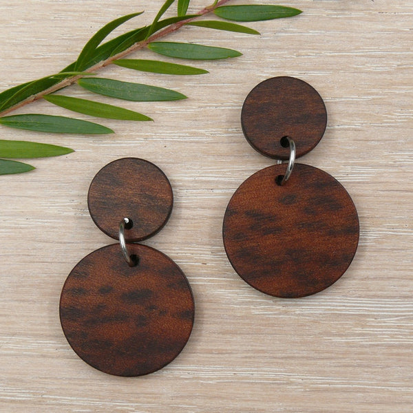 Thylacine-Natural Circles planet Moon-Tasmanian Tiger Myrtle Wooden earrings-made in Melbourne-Australia-hypoallergenic