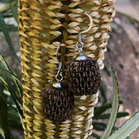 Handmade Women Wooden Dangling Earrings -Natural round Sheoak (Australian Native Wood) with Hypoallergenic stainless steel hooks