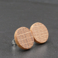 Handmade Oak wooden earrings - timber studs for men and women- stainless steel banded round edge -Australian Pattern wood with Hypoallergenic Stud