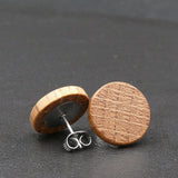 Handmade Oak wooden earrings - timber studs for men and women- stainless steel banded round edge -Australian Pattern wood with Hypoallergenic Stud