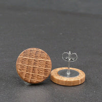 Handmade Oak wooden earrings - timber studs for men and women- stainless steel banded round edge -Australian Pattern wood with Hypoallergenic Stud