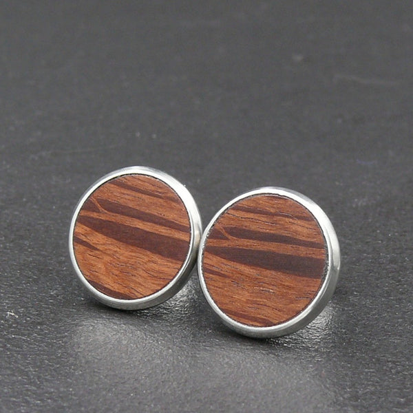 Handmade Buloke wooden earrings - timber studs for men and women- stainless steel banded round edge -Australian native wood with Hypoallergenic Stud