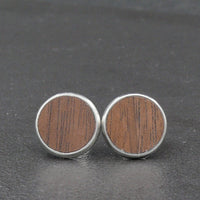 Handmade Walnut wooden earrings - timber studs for men and women- stainless steel banded round edge -Australian wood with Hypoallergenic Stud