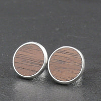 Handmade Walnut wooden earrings - timber studs for men and women- stainless steel banded round edge -Australian wood with Hypoallergenic Stud