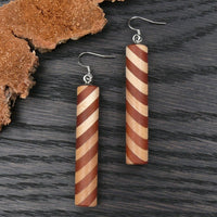 Myrtle and Maple striped Wooden Cylinder Earrings with hooks- Dangle & Drop Wood Round Natural Circle Sustainable Ethical Earrings - Jewellery Handmade in Melbourne Australia - Hypoallergenic Stainless Steel