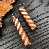 Myrtle and Maple striped Wooden Cylinder Earrings with hooks- Dangle & Drop Wood Round Natural Circle Sustainable Ethical Earrings - Jewellery Handmade in Melbourne Australia - Hypoallergenic Stainless Steel