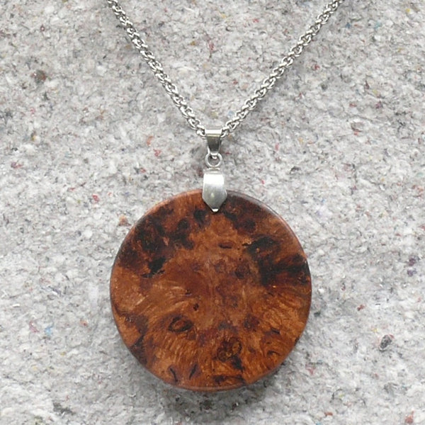 Wooden Round Natural Pendant made out of Native Australian Cherry Burl- with necklace- native made in Melbourne-Australia